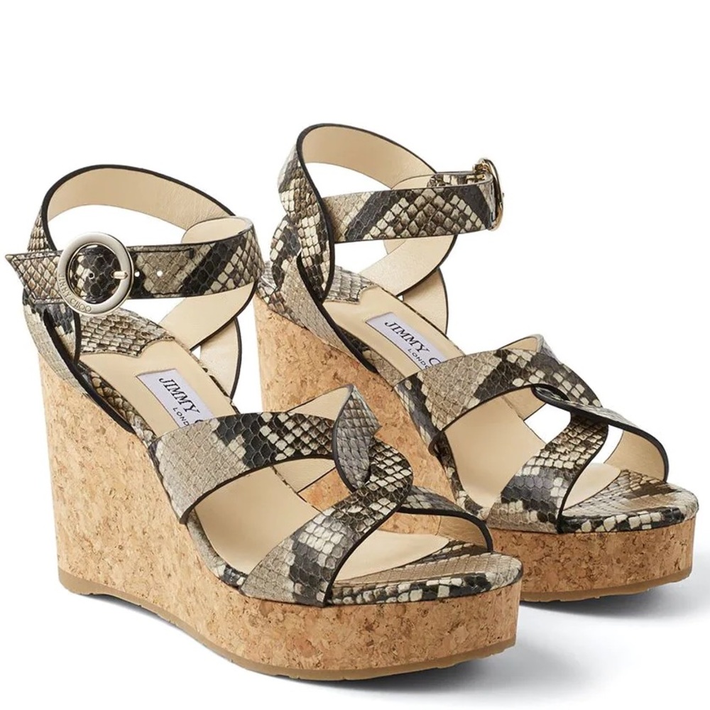 New Jimmy Choo Python Snake Embossed Effect Wedge Leather Sandals